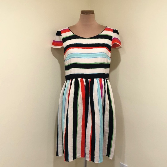 Anthropologie Maeve Peralta Dress Size 10 Cream Blue Colorful Striped - Picture 2 of 12